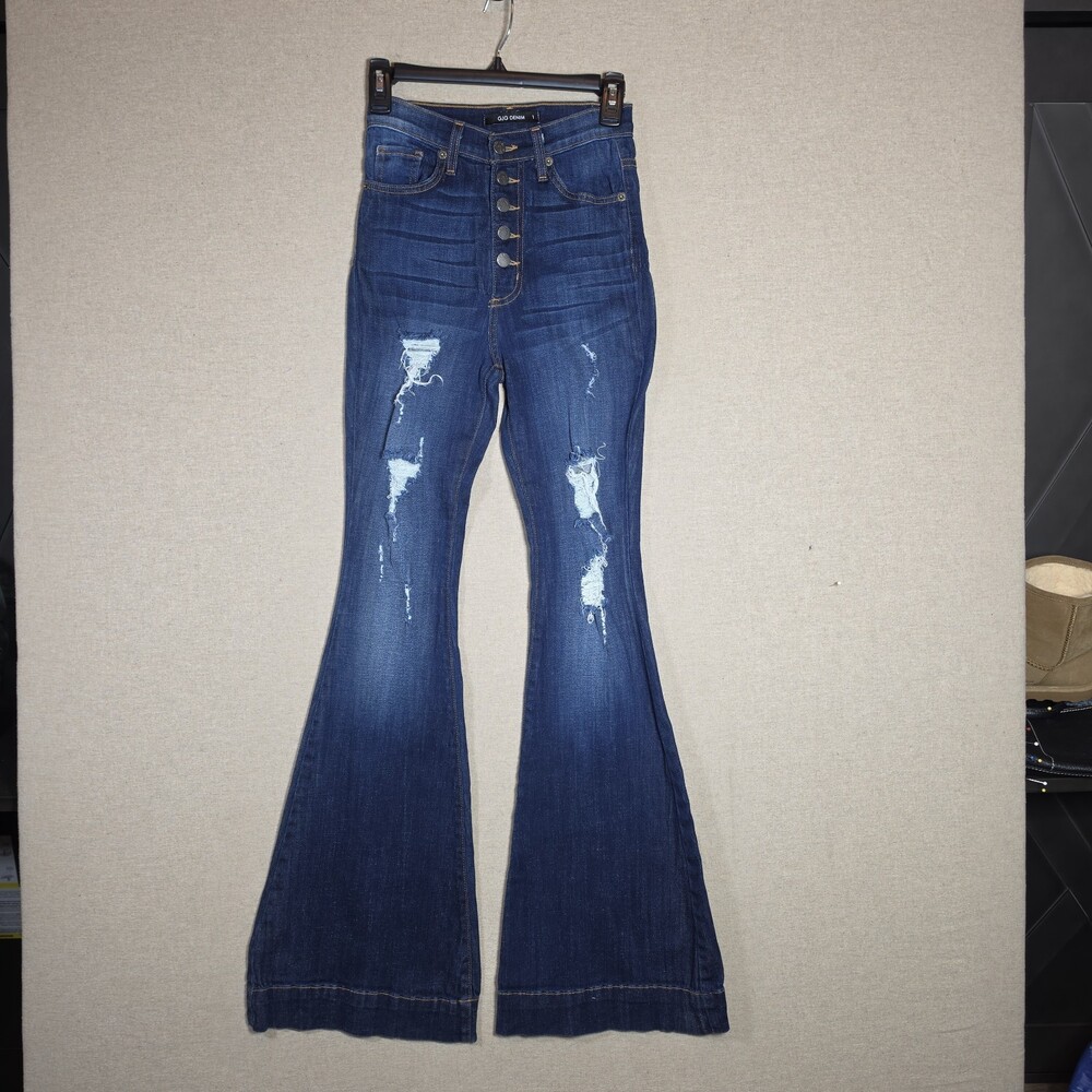 GJG Denim Jeans Women’s Waist 25" Distressed Button Fly Flare Dark Blue Bell